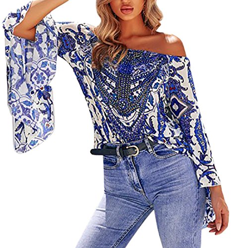 Hmlai Clearance Women Summer Fashion Off Shoulder Floral Printed Blouse Short Sleeve Casual Tops T-Shirt (S, Blue) - Thumbnail 7
