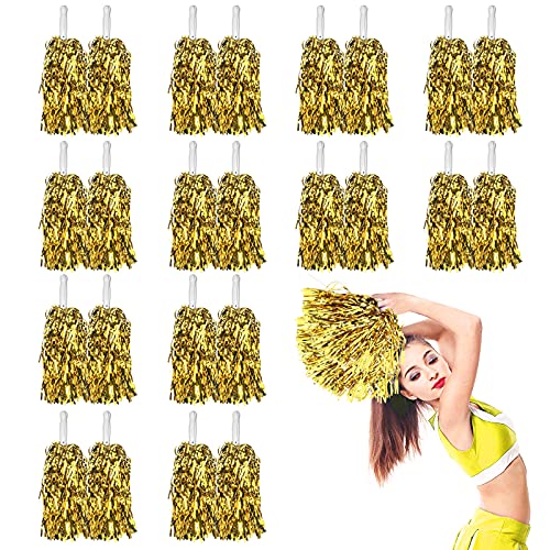 LINYAPRY 24Pcs Foil Cheerleading Pom Poms, Shiny Cheerleaders Cheer Pompoms, Cheering Squad Hand Flowers for Kids Adults Girls Team Spirit Sports Game Dancing Party Celebration