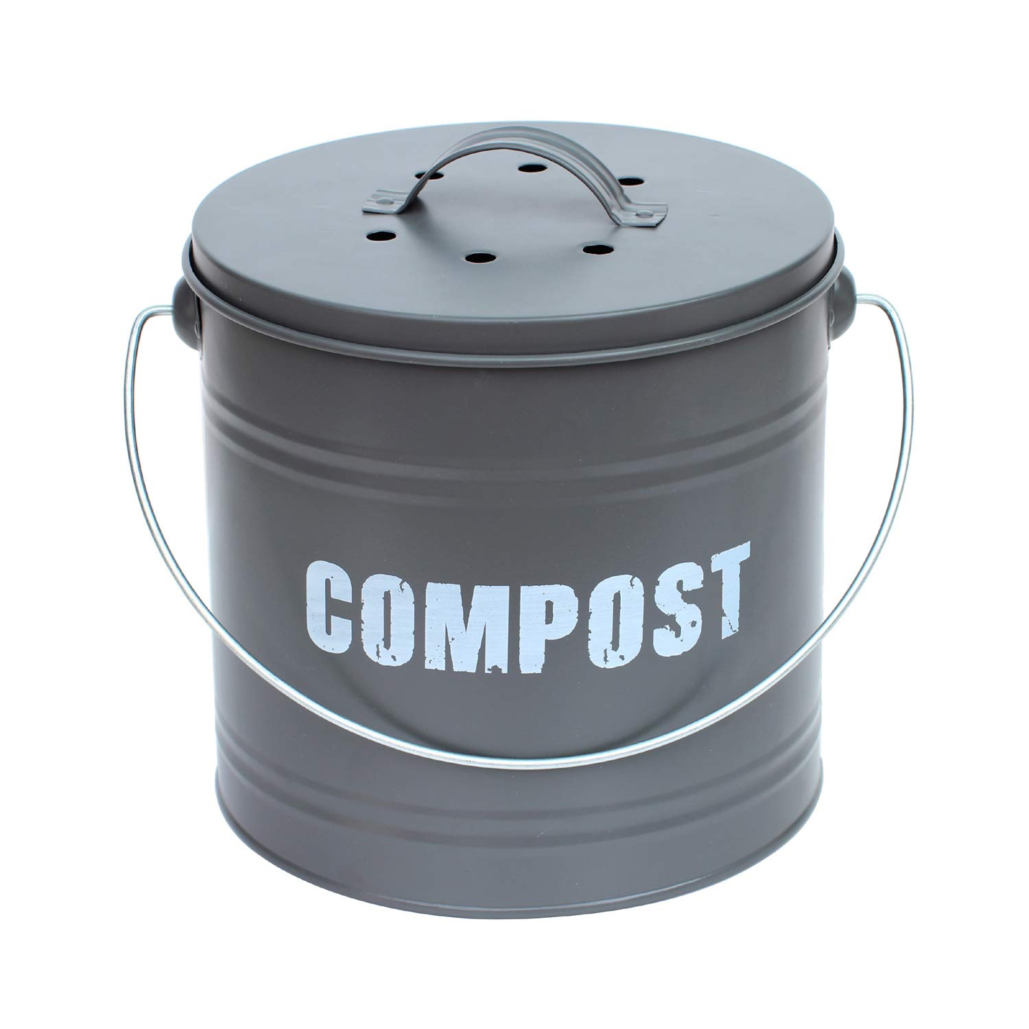8L 8 Litre Vintage Style Galvanised Compost Food Waste Recycling Bin Caddy - MATT Grey - with Odour Absorbing Filter - 21cm (H) x 21cm (Dia)