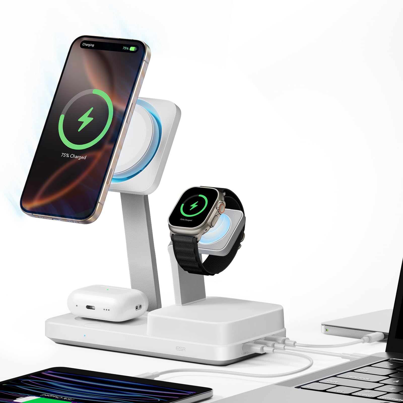 Photo 1 of ESR 100W 6-in-1 GaN Charging Station with CryoBoost, Compatible with MagSafe Charger Stand, Magnetic Wireless Charger for iPhone 16/15/14/13/12, Apple Watch, AirPods Pro/3/2, USB-C/A Devices, White