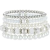 Noessla Beaded Pearl Stretch Bracelet Silver Stackable Crystal Beads Bracelets Trendy Costume Jewelry Mothers Day Gifts for Women