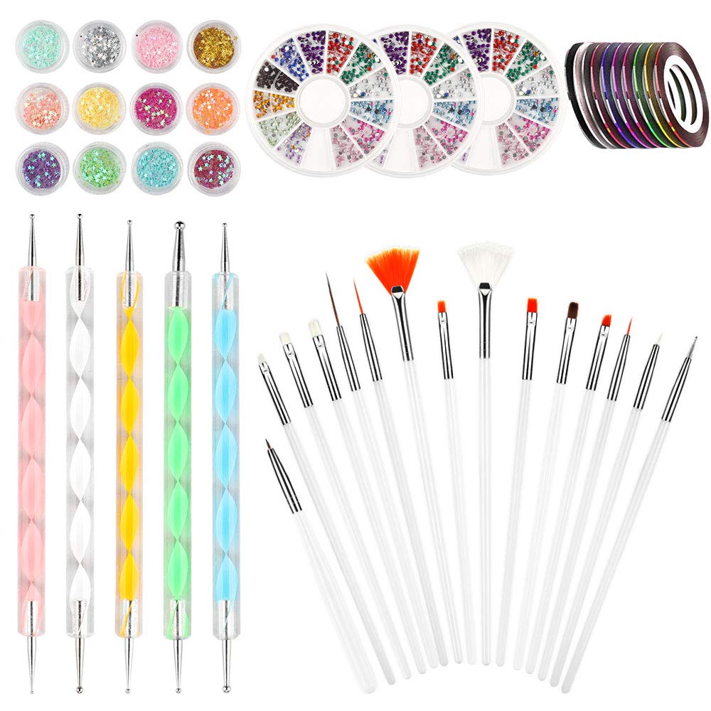 Dadabig Nail art Set Nail Design Tools, Nail Pen Designer Stickers Nail Decoration Set with 15 pcs Nail Painting Brushes 5 pcs Dotting Pen 3 boxes of Nail Drill 10 pcs Nail Striping Tape 12 Glitter