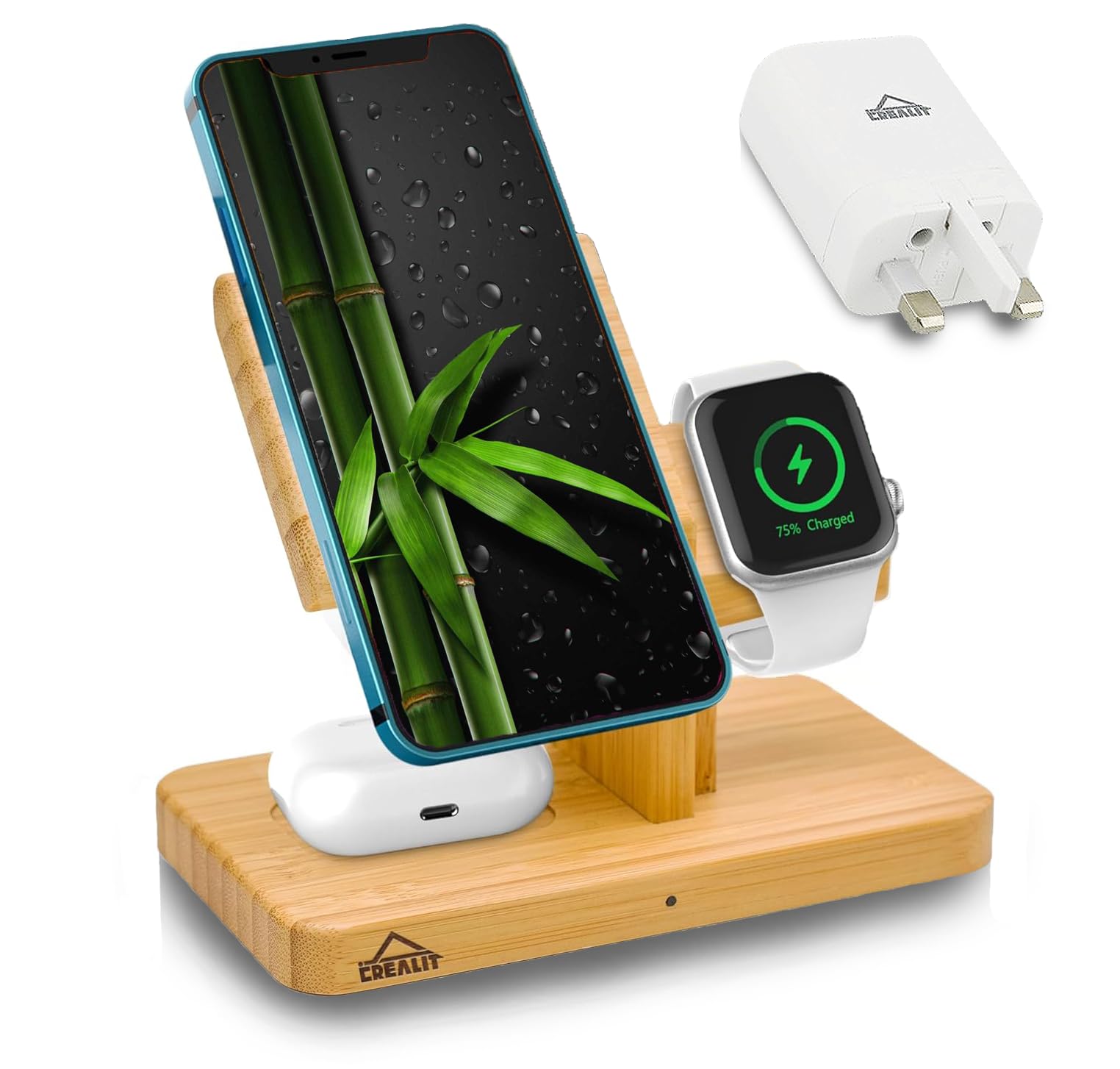 Bamboo 3 in 1 Wireless Charging Station with 30W Adapter – MagSafe Compatible with iPhone 12/13/14/15/16,17, Apple Watch Charger, Apple Charging Station, wireless charger iphone, airpods