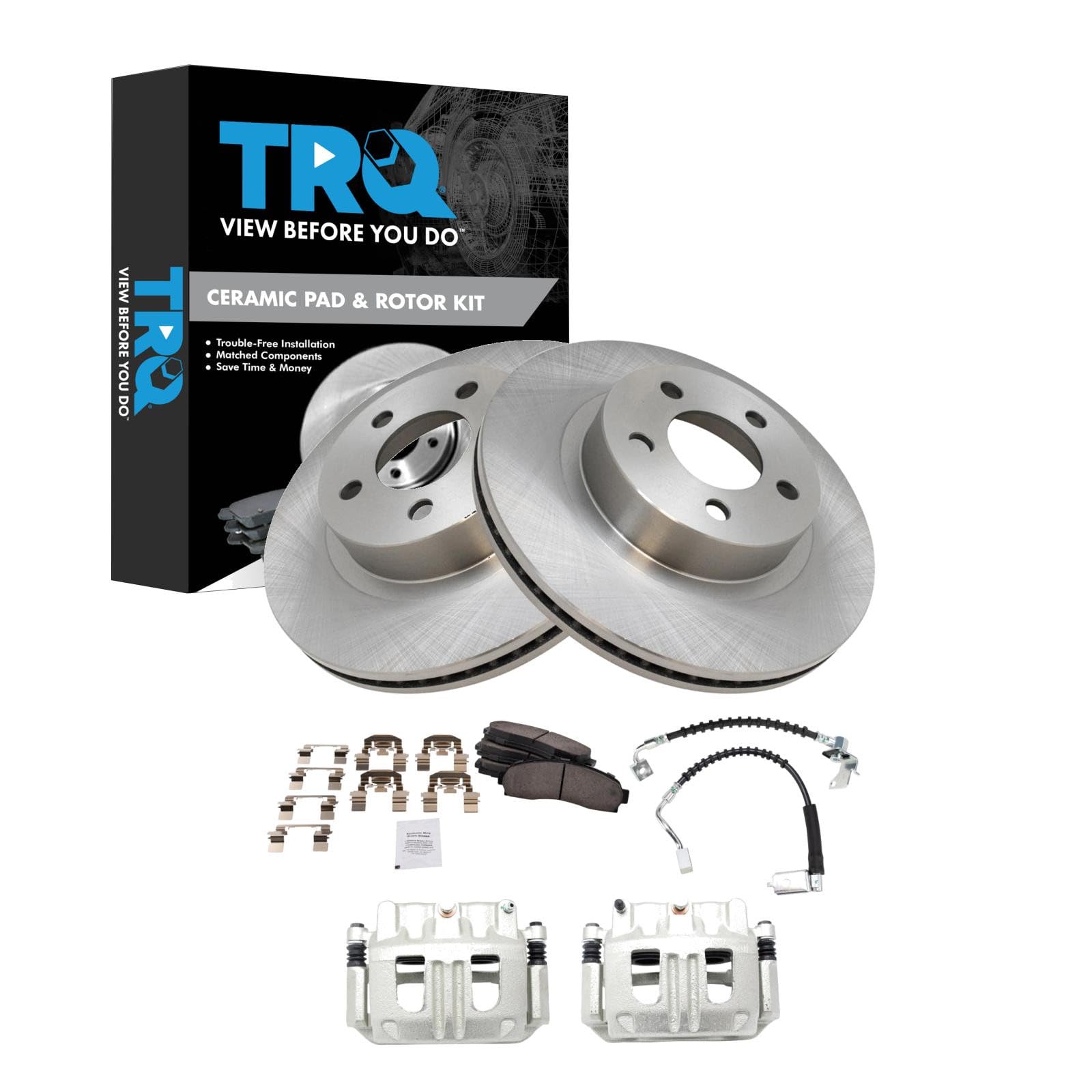 TRQ Front Brake Pad and Rotor Set Ceramic Calipers Hoses Compatible with 2005-2009 Mazda B4000 Image