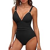 ZAFUL Womens Sexy V Neck One Piece Swimsuit Ruched Tummy Control Bathing Suit Backless Slimming Monokini