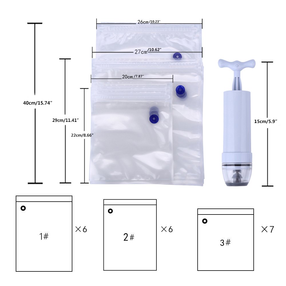 Sous Vide Bags Kit for Cooker - 19 BPA Free Food Vacuum Sealed Bags, 1 Hand Pump, 2 Bag Sealing Clips and 2 Sous Vide Clips, Reusable & Easy to Use, Practical for Food Storage & Cooking