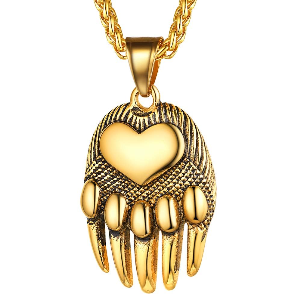 FaithHeart Gold Plated Bear Claw Pendant Jewellery for Ladies Old School Viking Necklace with Love Heart Charm Stainless Steel Norse Jewelry Talisman Amulets Mythology Gift for Mothers Day