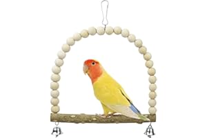 LuckyOpt Wooden Bird Swing, 9 Inches Hanging Bird Cage Perches with Playing Bell, Natural Bird Chew Toys Boredom Breaker Bird Toys for Parakeets, Budgie, Cockatiel (Grey, L)
