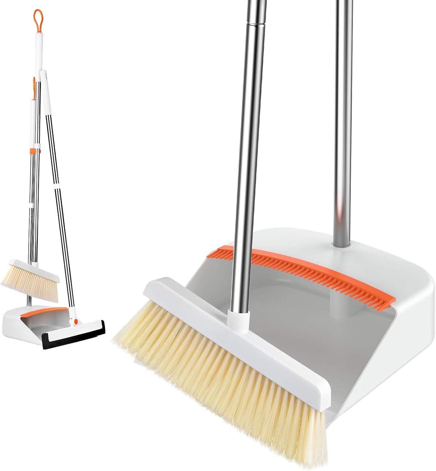 PRETTY SEE Broom and Dustpan, Broom and Dustpan Set with Floor Squeegee , Stainless Steel Long Handle and Lightweight Lobby Broom Combination, Vertical Dustpan, Very Suitable for Home: Garden & Outdoor