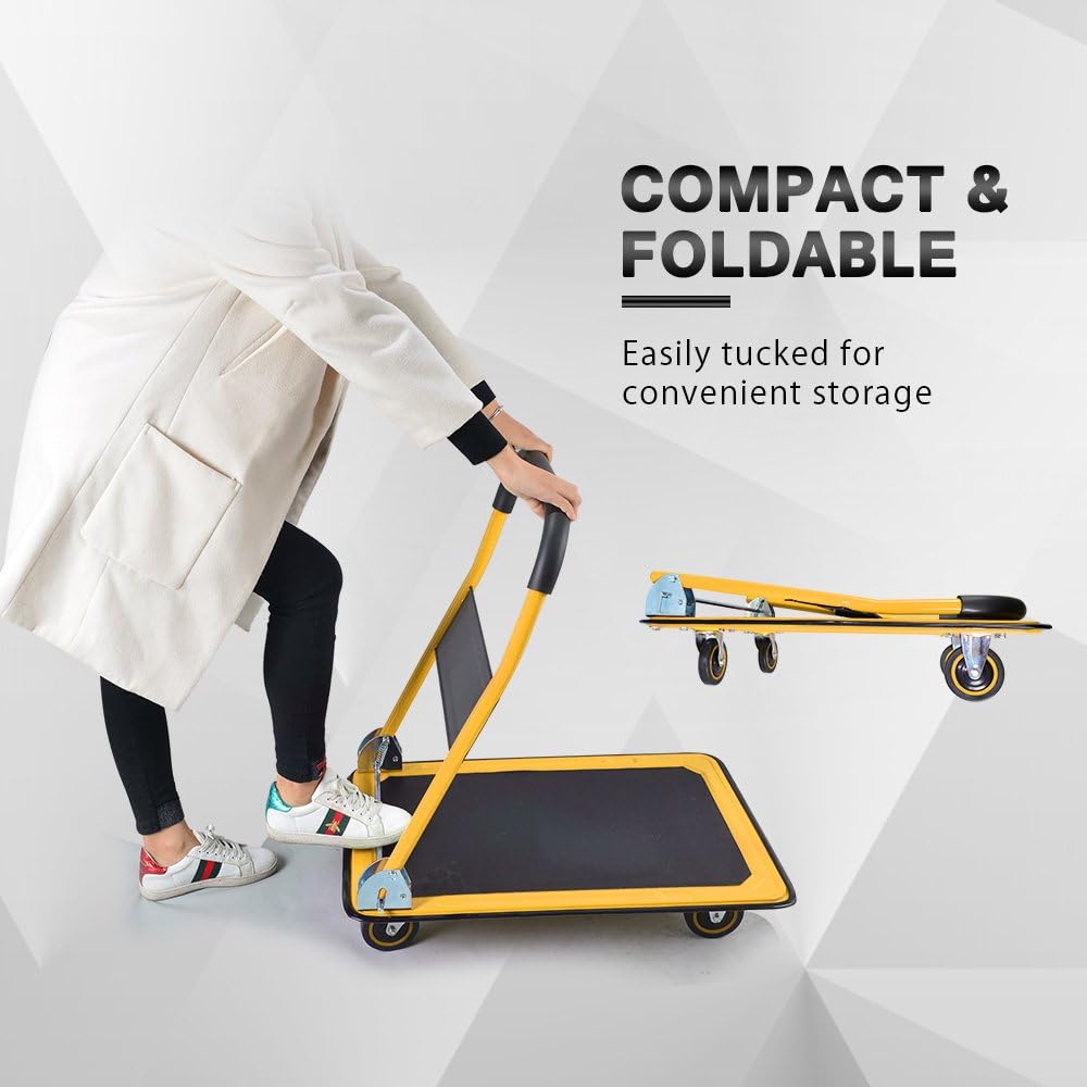 Push Cart Dolly by Wellmax, Moving Platform Hand Truck, Foldable for Easy Storage and 360 Degree Swivel Wheels with 330lb Weight Capacity, Yellow Color: Home Improvement