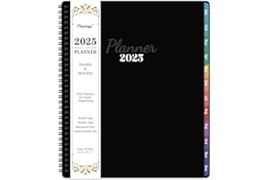 PLANRAGE 2025 Planner/Calendar - 2025 Planner Weekly and Monthly, JAN - DEC 2025 Planner with Coloful Tabs, Writing Paper, Yearly Overview, Spiral Binding - Waterproof Cover (Black, 9" x 11")