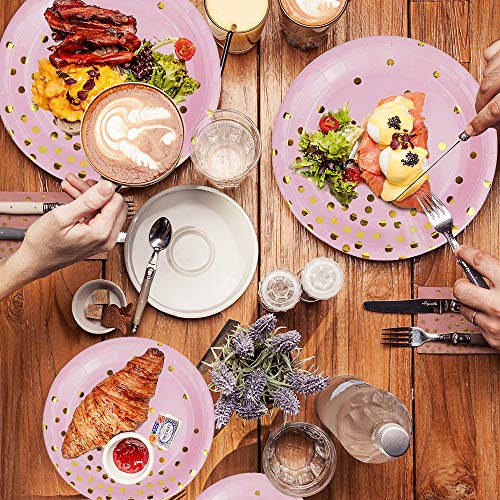 Pink and Gold Party Supplies - 200PCS Disposable Pink Paper Plates Dinnerware Set Gold Dots 50 Dinner Plates 50 Dessert Plates 50 9oz Cups 50 Napkins Wedding Birthday Party Baby Shower Christmas - Thumbnail 4