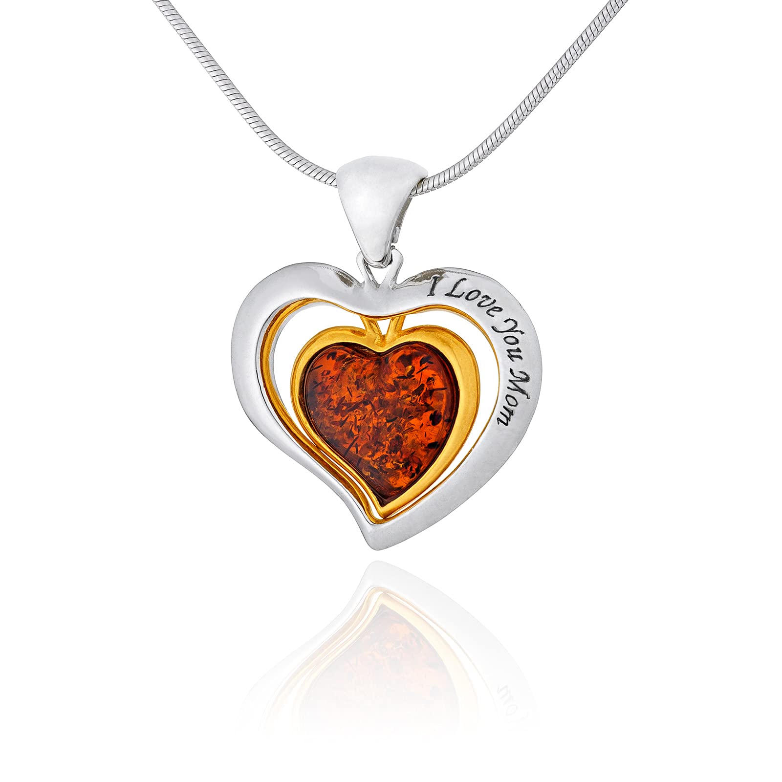 AMBEDORA Women's Necklace 925 Silver Gold-Plated 14 K Baltic Amber Heart Pendant V3 with Amber Double Hearts Engraved with J Love You Mam