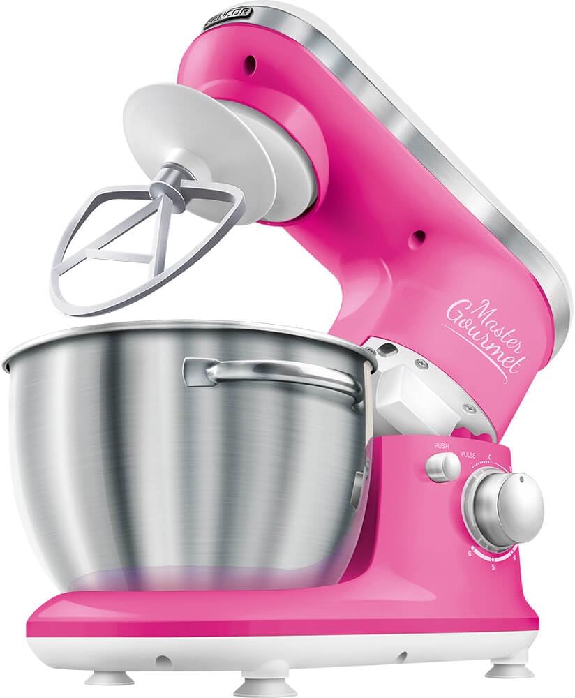 Sencor STM3628RS 6 Speed Stand Mixer with Pouring Shield and 4 Specialized Metal Attachments and Stainless Steel Bowl, 4.2 Qt, Pink