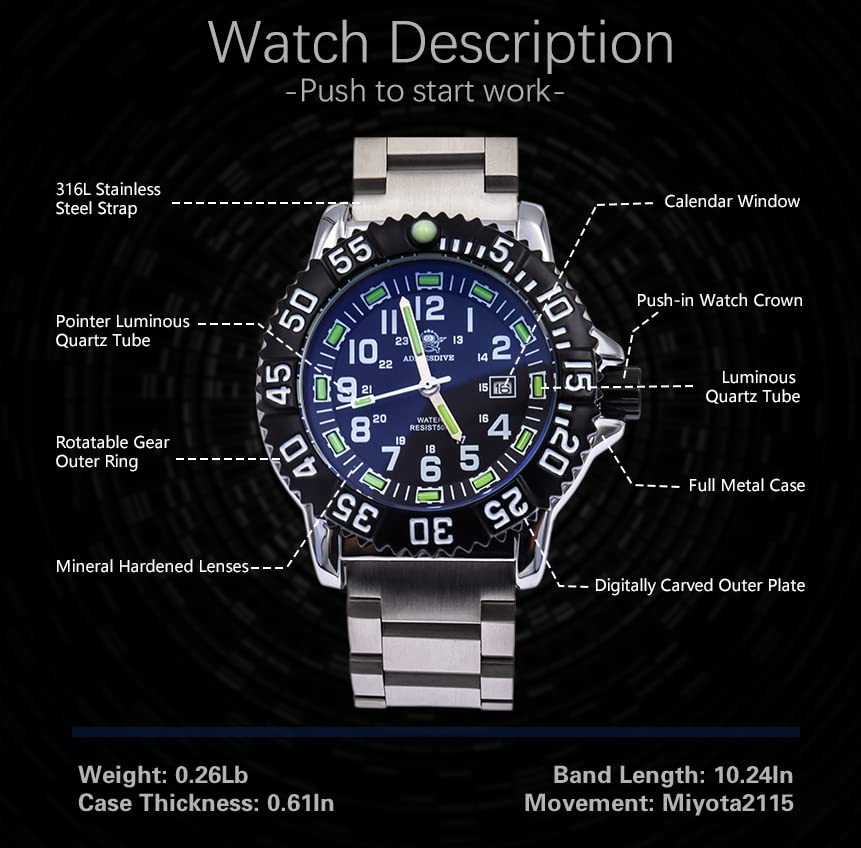Mens Quartz Wrist Watch Sport Military Watch with Date Analog, Fashion Waterproof Luminous Field Watch with Japanese Movement, Black Dial, Stainless Steel Strap