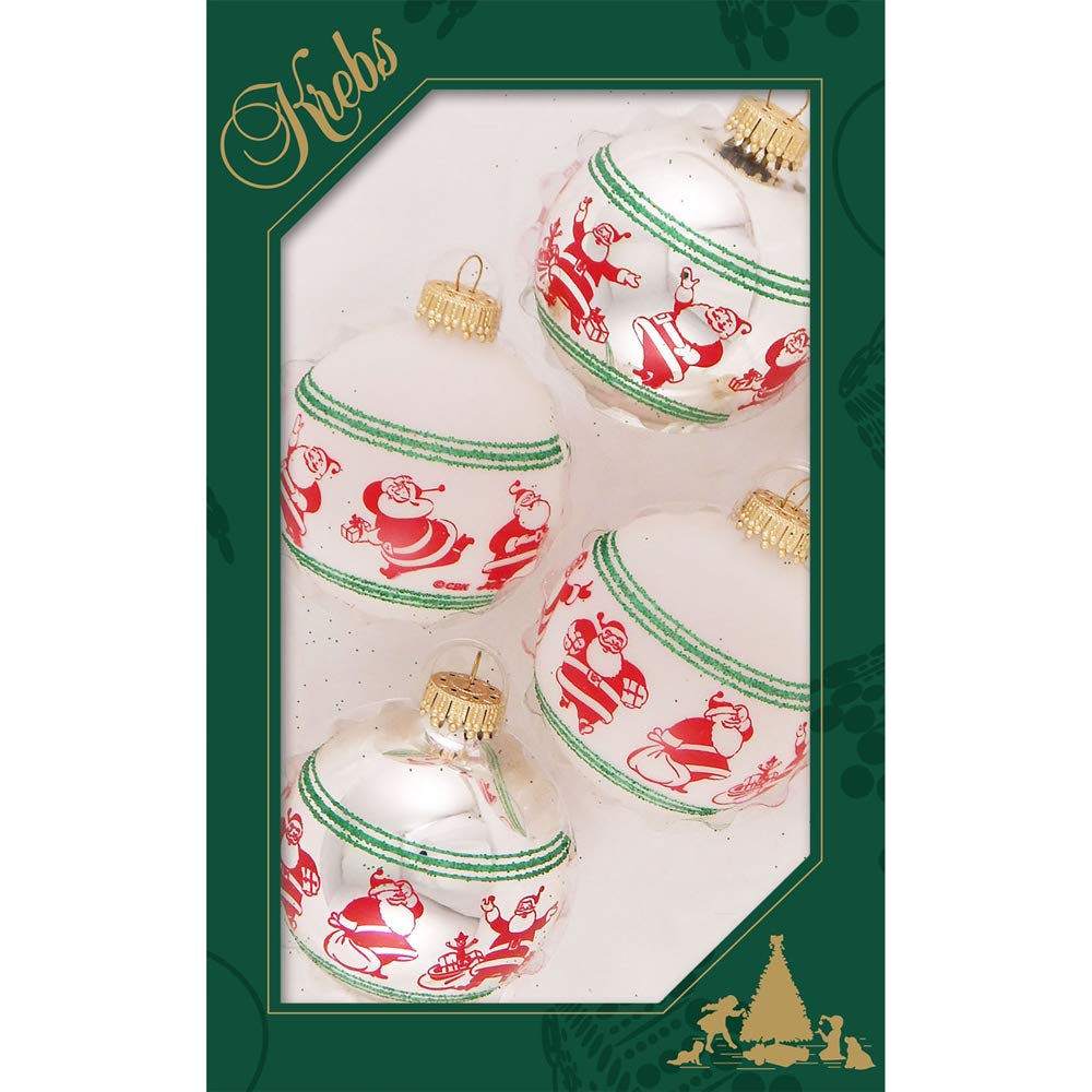 Glass Christmas Tree Ornaments - 67mm/2.625" [4 Pieces] Decorated Balls from Christmas by Krebs Seamless Hanging Holiday Decor (Bright Silver & Frost with Happy Santas)