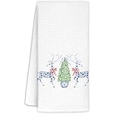 Jvpke Christmas Kitchen & Bath Towels, Blue & White Chinoiserie Reindeer Tree Decorative Hand Towels, 16x24 Inch