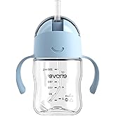 Evorie Tritan Weighted Straw Sippy Cup with Handles for Baby and Toddlers, Spill Proof Baby Water Bottle with Straw for 6 Months and up, 7 Oz, Infant Training Water Bottle (Blue)