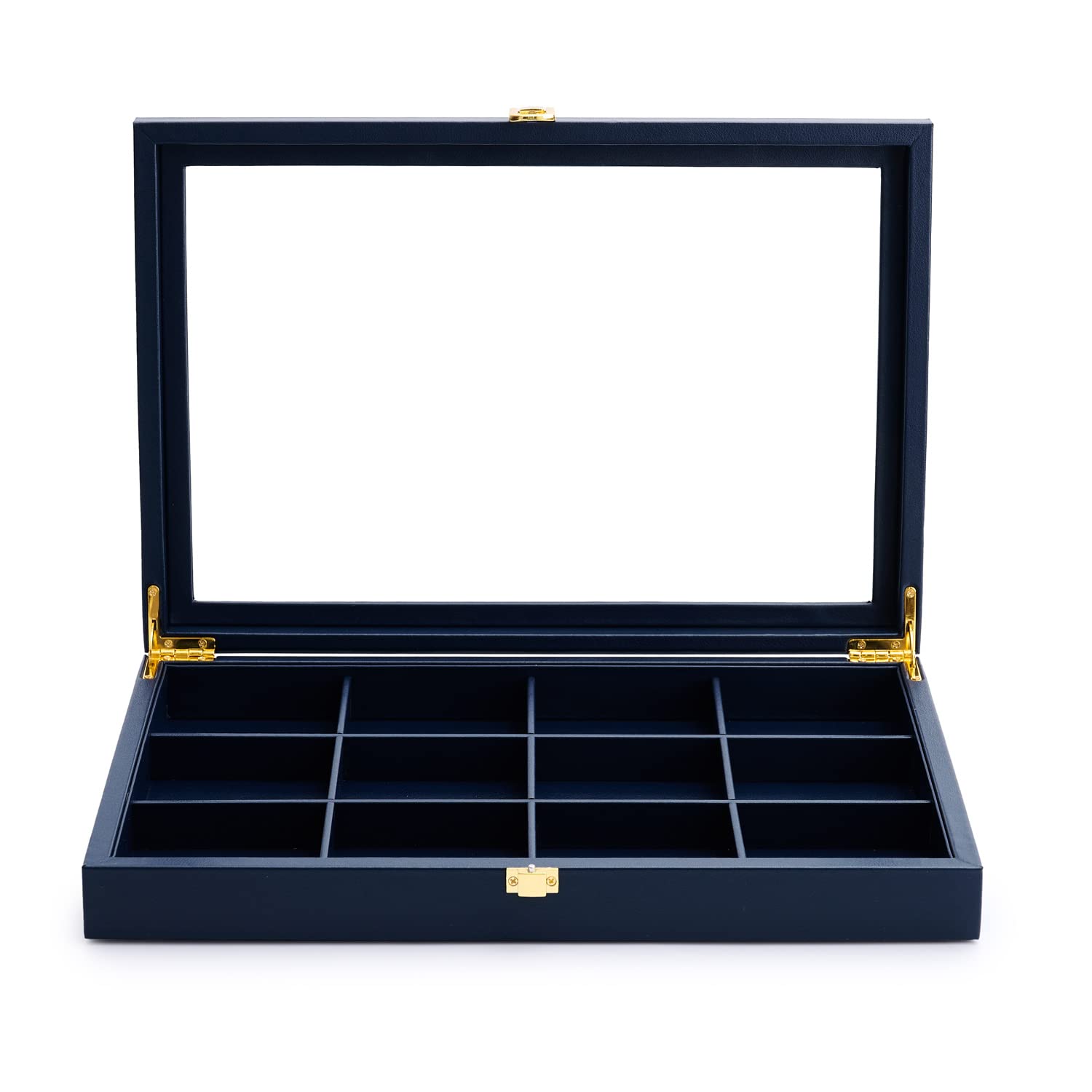 Photo 1 of Oirlv 12 Gird Jewelry Tray with Acrylic Lid Premium Blue Leather Jewelry Organizer Box Transparent Lid Bracelet Bangle Small Watch Storage Case for Women Gift