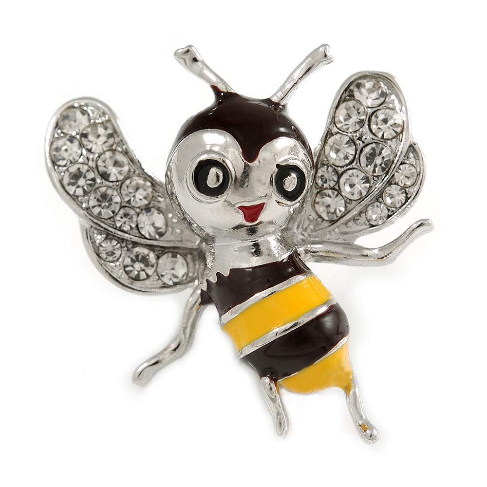 Cute Crystal Enamel Baby Bee Brooch In Silver Tone Metal (Black/Yellow) - 40mm Tall