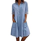 utcoco Denim Dress for Women 2025 Casual Tulle Short Sleeve Button Jean Midi Dress with Pockets