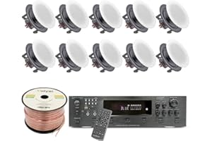 Vaiyer Home Audio System Kit, 6-Channel 6000 Watts Bluetooth Amplifier w/ 5.25" 10 QTY of 175 W Each Frameless in-Ceiling Speakers & 16 AWG 500 ft Speaker Wire - Perfect for Home/Office/Bar/Restaurant