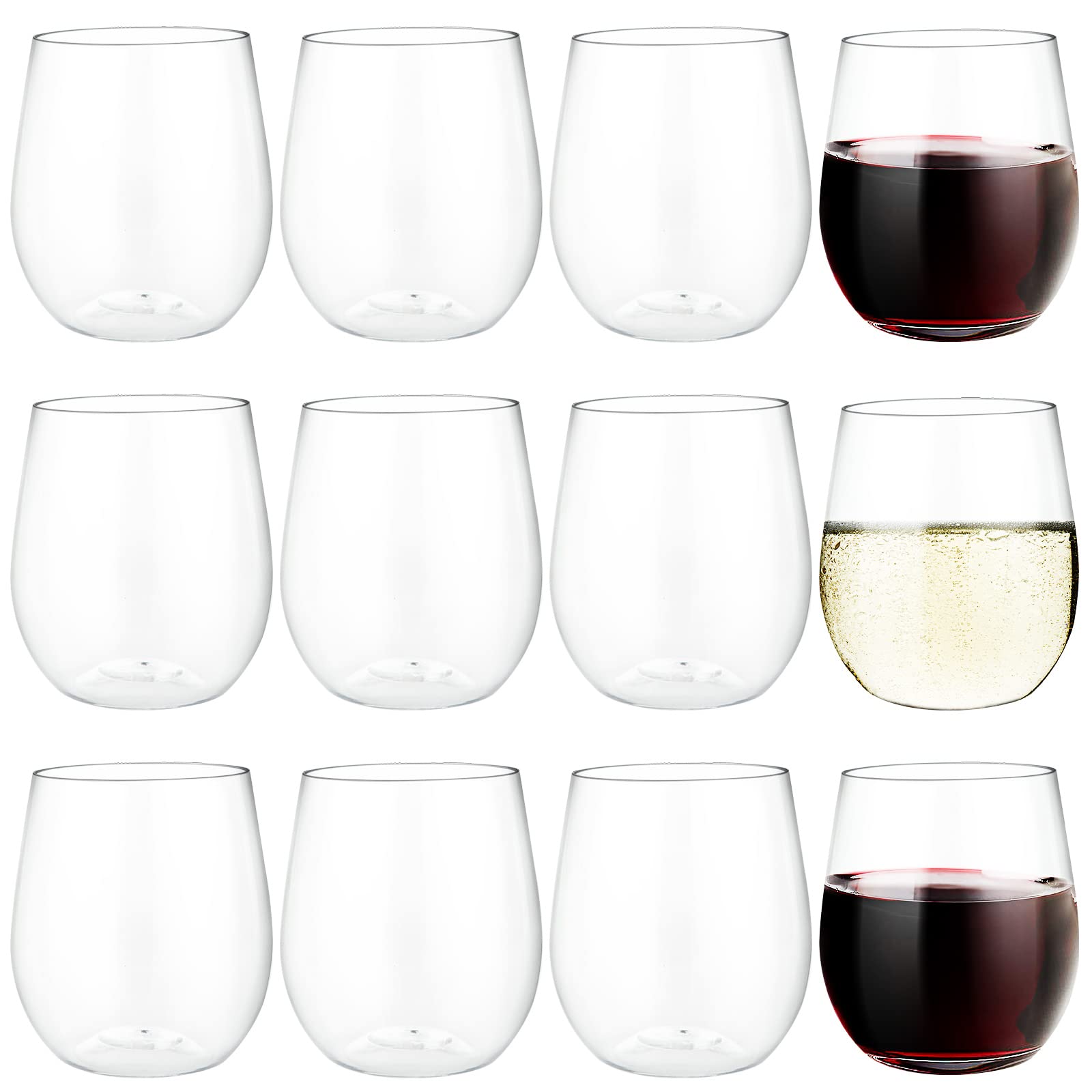 LOLYSIC 12 Pcs Plastic Wine Glasses Reusable, 350ml 12oz Unbreakable Plastic Stemless Wine Glasses, Clear Shatterproof Plastic Wine Cup Tumblers Glasses for Christmas Party Outdoor Camping Picnic