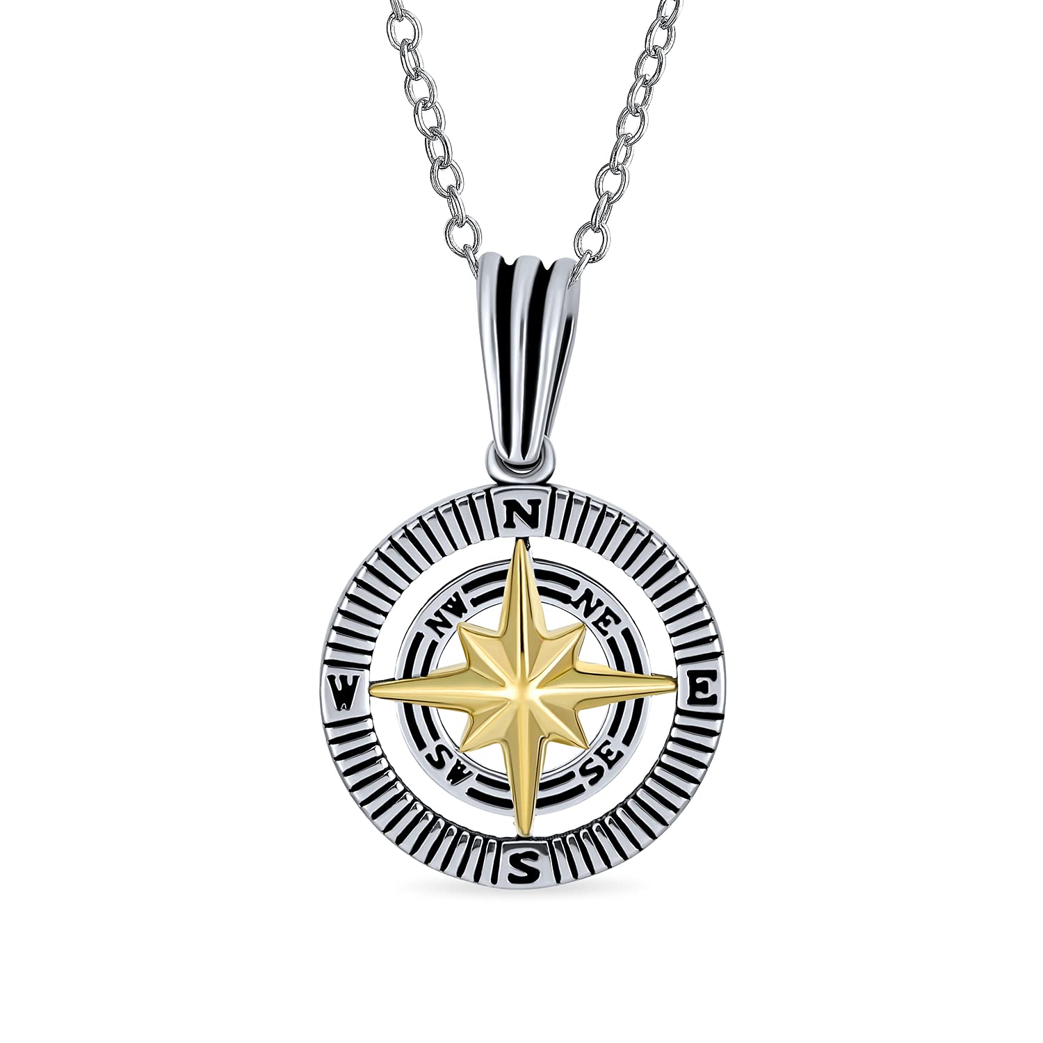 Bling Jewelry Unisex Explorer Travel Viking Disc Medallion Inspirational North Star Rose Compass Pendant Necklace For Men For Women Plated Two Tone .925 Sterling Silver with Chain