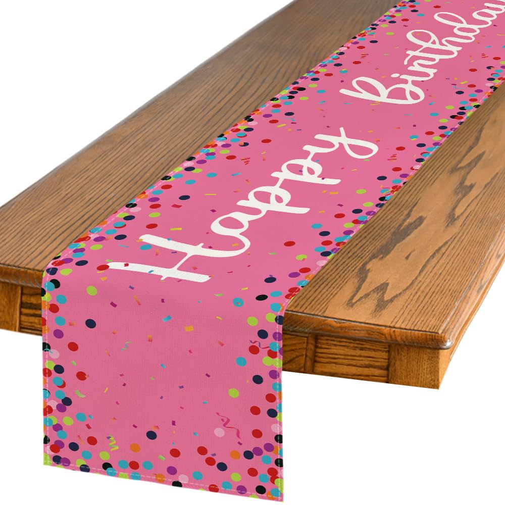 Photo 1 of Artoid Mode Polka Dot Pink Happy Birthday Table Runner, Seasonal Kitchen Dining Table Decoration for Home Party Decor 13x72 Inch