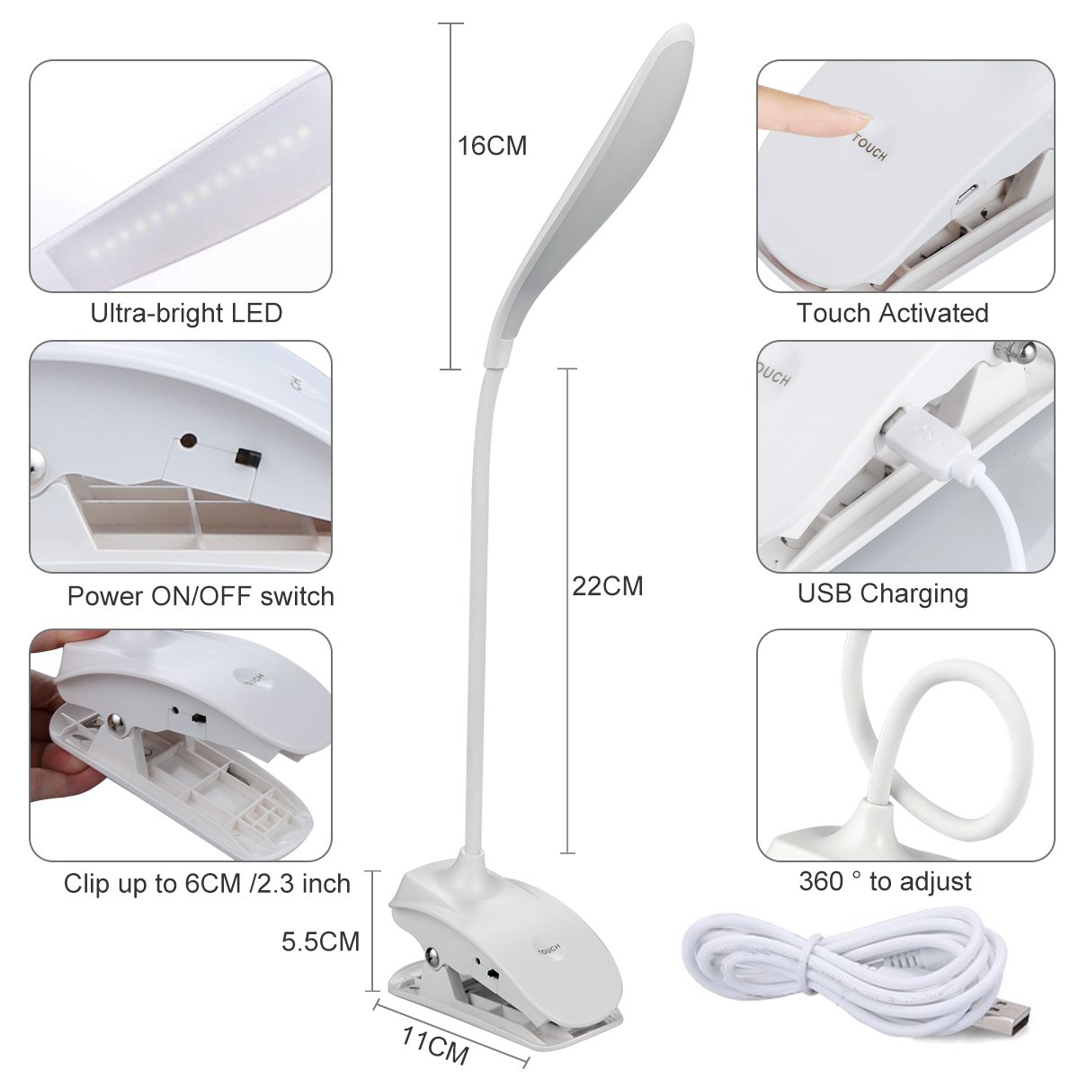 Lámpara de Escritorio LED con Pinza, LED Lámpara USB Etmury Pinza Plegable Regulable y Táctil Luz de Mesa, Lámpara de Escritorio Luz LED Regulable - Blanco [Clase de eficiencia energética A++]