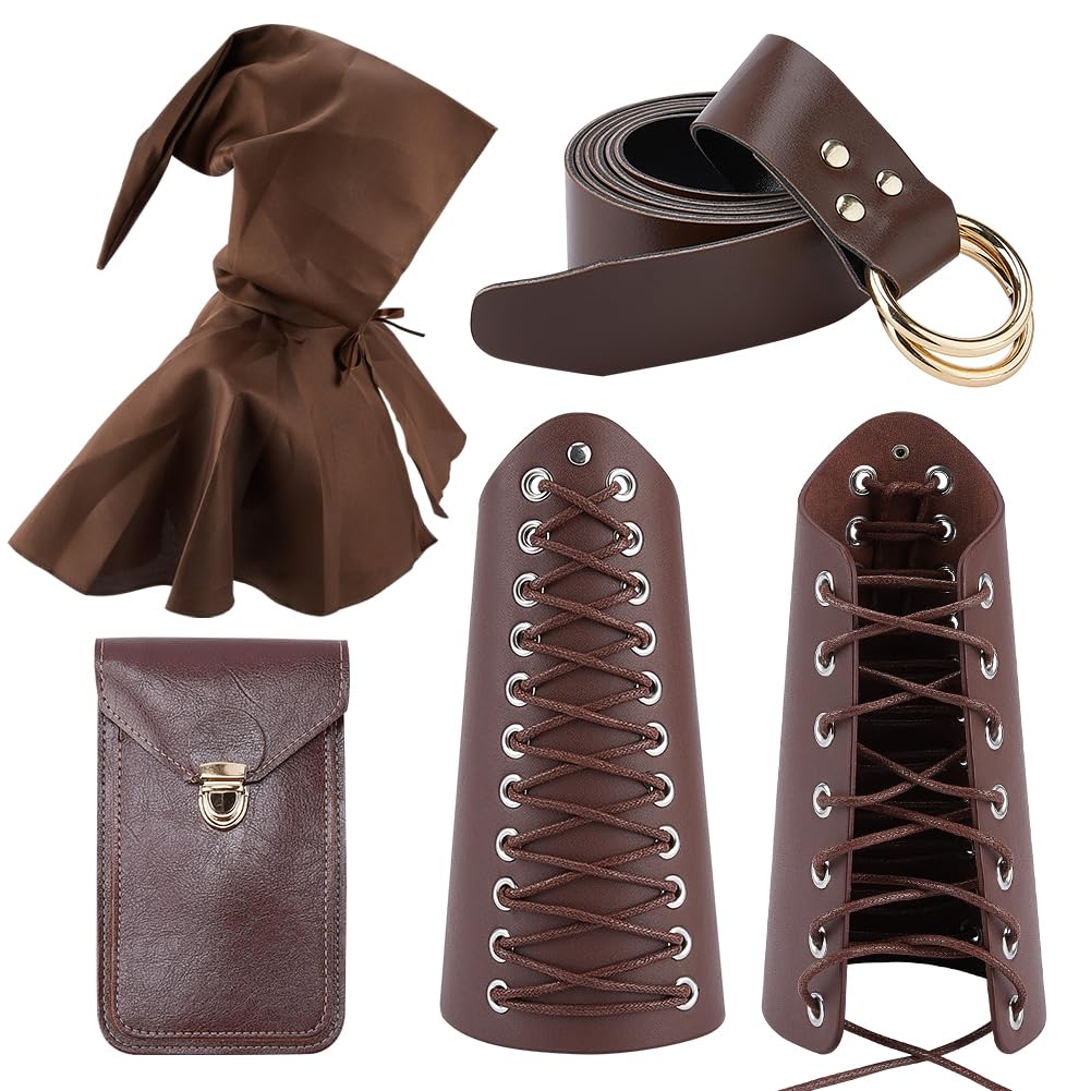 GORGECRAFT Renaissance Costume Accessories Faux Leather Retro Arm Armor Protector Bracers Mercenary Knights Skirt Belt Pouch Viking Shawl Cloak Fairy Brown for Men Halloween Medieval Cosplay