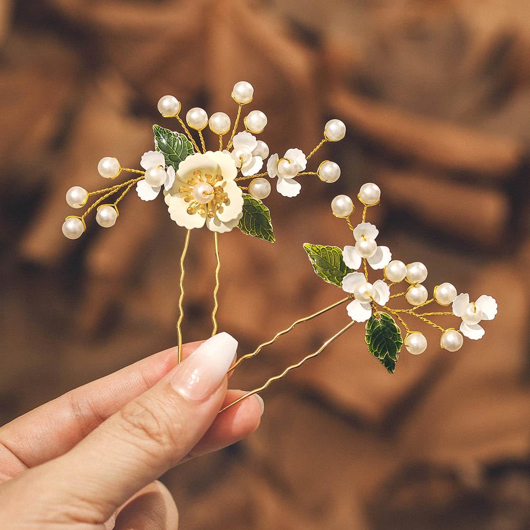 IYOU Flower Wedding Hair Pins Pearl Gold Bride Hair Piece Leafs Bridal Bridemaid Hair Accessories for Women and Girls(Pack of 2)