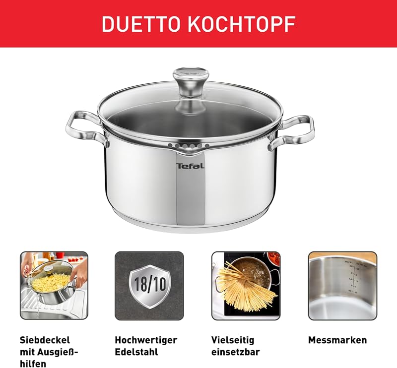 A70546 Duetto Kochtopf | 24 cm | induktionsgeeignet | einfache Reinigung in der Spülmaschine | Messskala | Glasdeckel zum Abgießen | Edelstahl