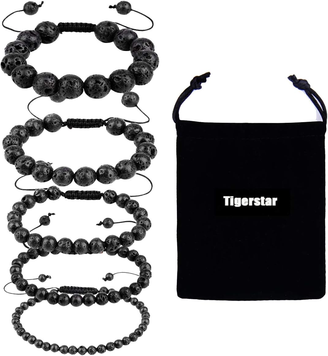 Natural Lava Rock Beads Bracelet,Stretch Elastic Bracelets,Adjustable Braided Rope Gemstone Bracelets for Men Women