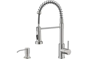 SOEBIZ Kitchen Faucet with Sprayer Soap Dispenser Brushed Nickel Stainless Steel Single Handle 1 or 3 Hole Dual Function Spring Commercial Kitchen Faucets for Farmhouse Camper Laundry Rv Bar