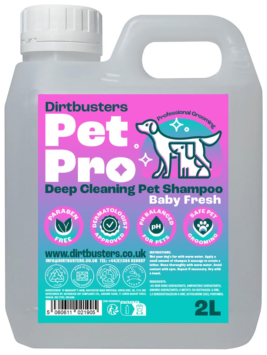 Dirtbusters Pet Pro Dog Shampoo Sensitive Skin (2L) Deep Cleaning Professional Dog Grooming & Puppy Shampoo & Conditioner For Smelly Dogs, Baby Fresh