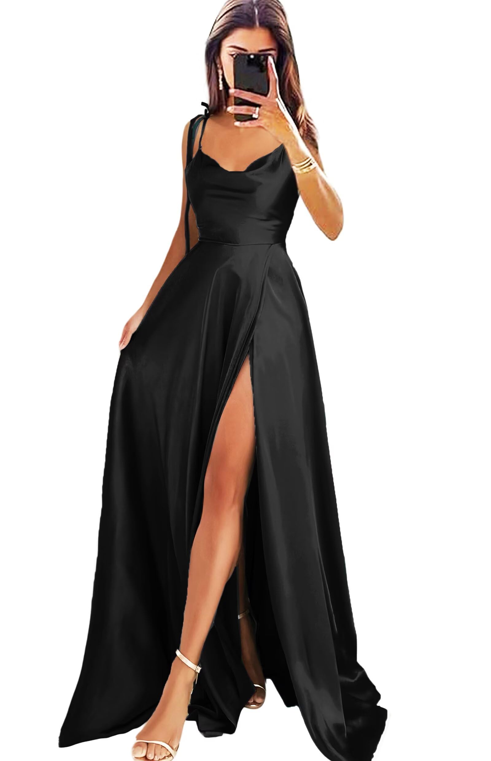 Photo 1 of Black Prom Dress for Teens Women's Elegant Satin Long Formal Dresses with Slit Spaghetti Straps A-line Evening Gowns for Women Black M
