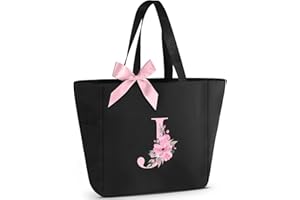 Vavabox Tote Bag, A-Z Initial Monogrammed Waterproof Tote Bag, Bridesmaid Gifts for Women, Black and Pink