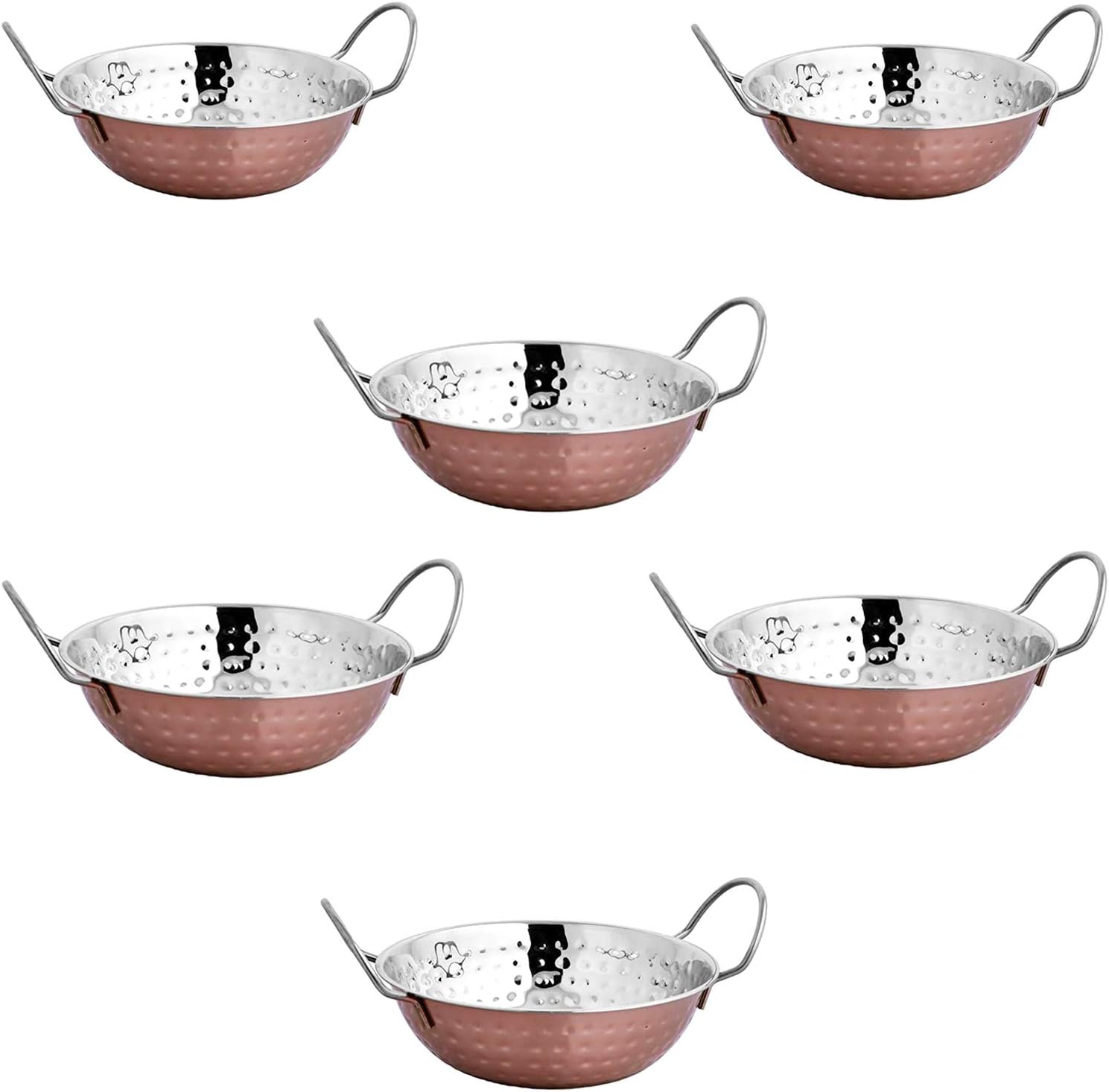 EVOKK Set of 6 Indian Copper Balti Dishes 20cm Traditional Curry Bowls with Handles Handcrafted Copper Pots for Indian Food & Restaurant Serving