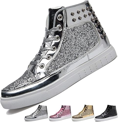 Amazon Misikeke ハイカット スニーカー メンズ レディーズ おしゃれ キラキラ ヒップホップ ダンスシューズ カジュアル フラットシューズ 男女兼用 リベット レースアップ レザー ブーツ 軽量 厚底 4色 23 0cm 27 0cm Misikeke スニーカー
