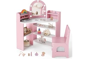 HONEY JOY Corner Kids Vanity with Lights, Wooden Princess Makeup Dressing Vanity Desk with Open Storage Shelves, 2 in 1 Toddler Vanity Table & Chair Set with Lighted Mirror for Little Girls(Pink)
