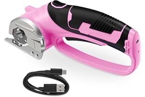 MERSHCA Cordless Electric Scissors, 4V Rechargeable Box Cutter & Cardboard Cutter with Titanium Blade, LED Light, Safety Lock - Rotary Cutter for Fabric, Leather, Carpet, Plastic, Sewing, Crafting (Pink)