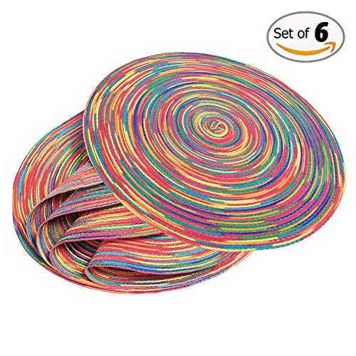 Round Table Placemats (6 Pack) - Wide 15 Inch Woven Braided and Modern Colorful Dining Mat for Silverware in Dining Tables Furniture for Indoor or Outdoor Easy to Clean & Protects Your Tabletop