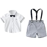 DAVE&BELLA Baby Boy Formal Short Set Toddler Summer Gentleman Boy Outfits Kid Short Sleeve Bowtie Shirt Suspender Shorts Suit