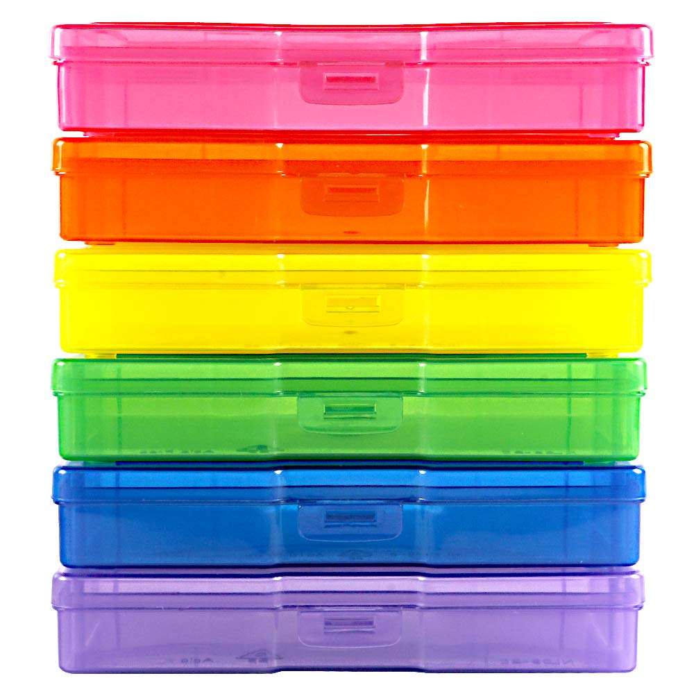 novelinks 6 Pack 4”x6” Photo Storage Boxes – Multi-Colored Plastic Organizer Cases with Lids – Picture Storage Containers for Photos, Crafts, Cards & Scrapbooking