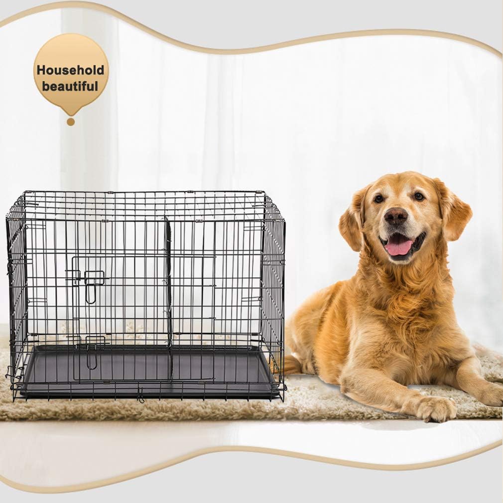 Dog Crate Dog Cage Pet Crate 42 Inch Folding Metal Pet Cage Double Door W/Divider Panel Dog Kennel Leak-Proof Plastic Tray Wire Animal Cage