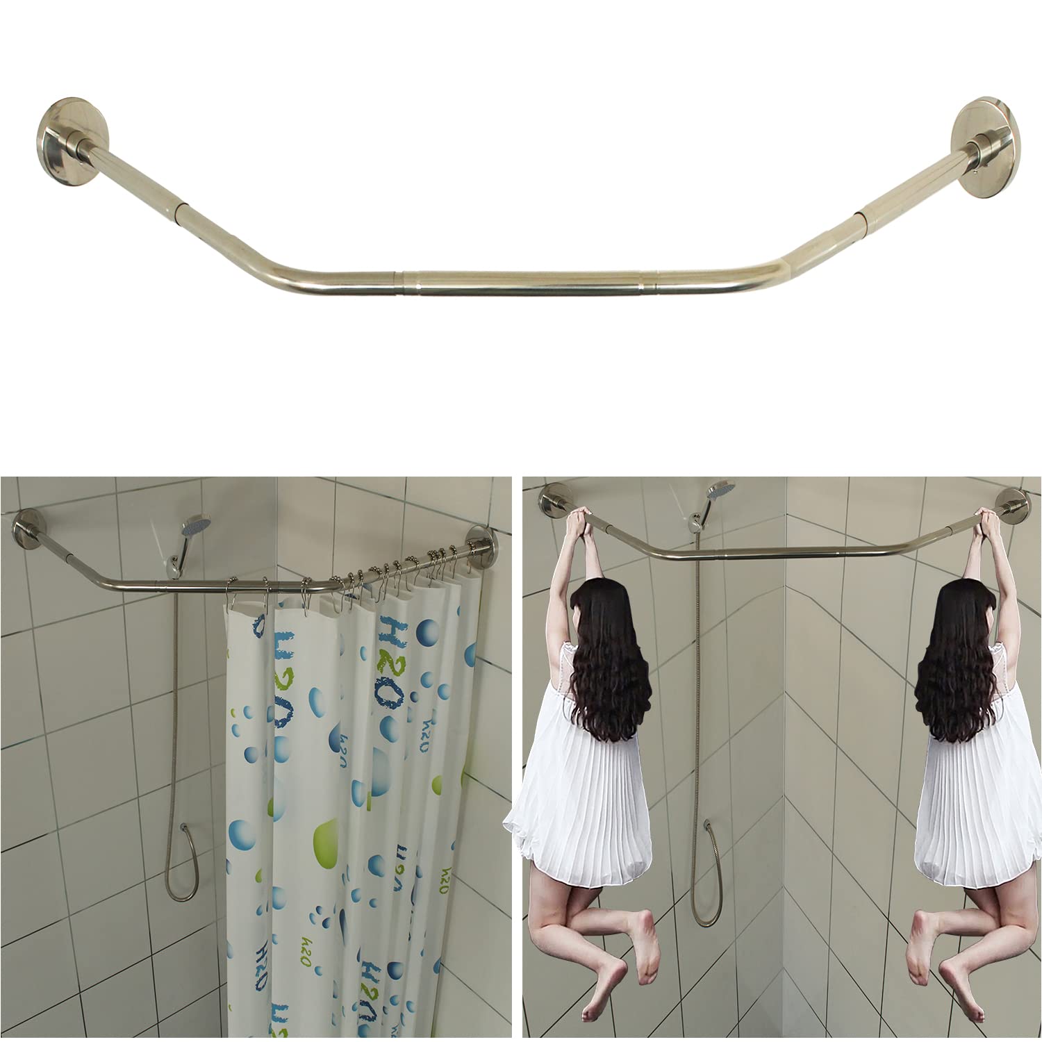 Sikaiqi Stretchable 304 Stainless L Shaped Bathroom Bathtub Corner Shower Curtain rail Rack(Diamond, Length on Both Sides: 43-65 cm,middle Width: 51-66 cm) — image 1