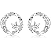 Watforsh Silver Moon and Star Cubic Zirconia Stud Earrings for Women Celestial Circle Hammered Earrings Celestial Jewelry