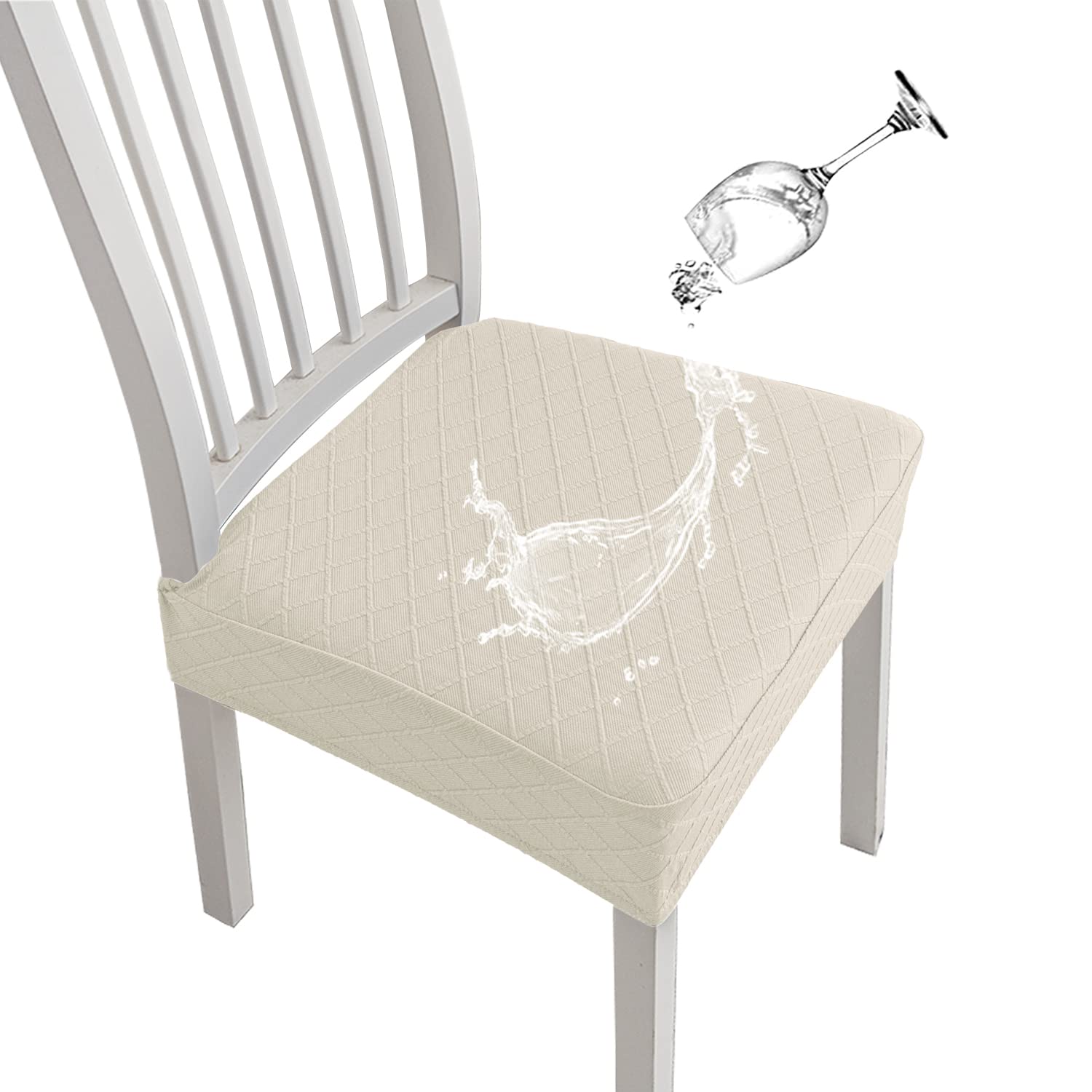 SHENGYIJING Stretch Chair Seat Covers for Dining Room, Waterproof Jacquard Protectors, Removable and Washable Kitchen Chair Slipcovers(Beige, 6 Pieces)