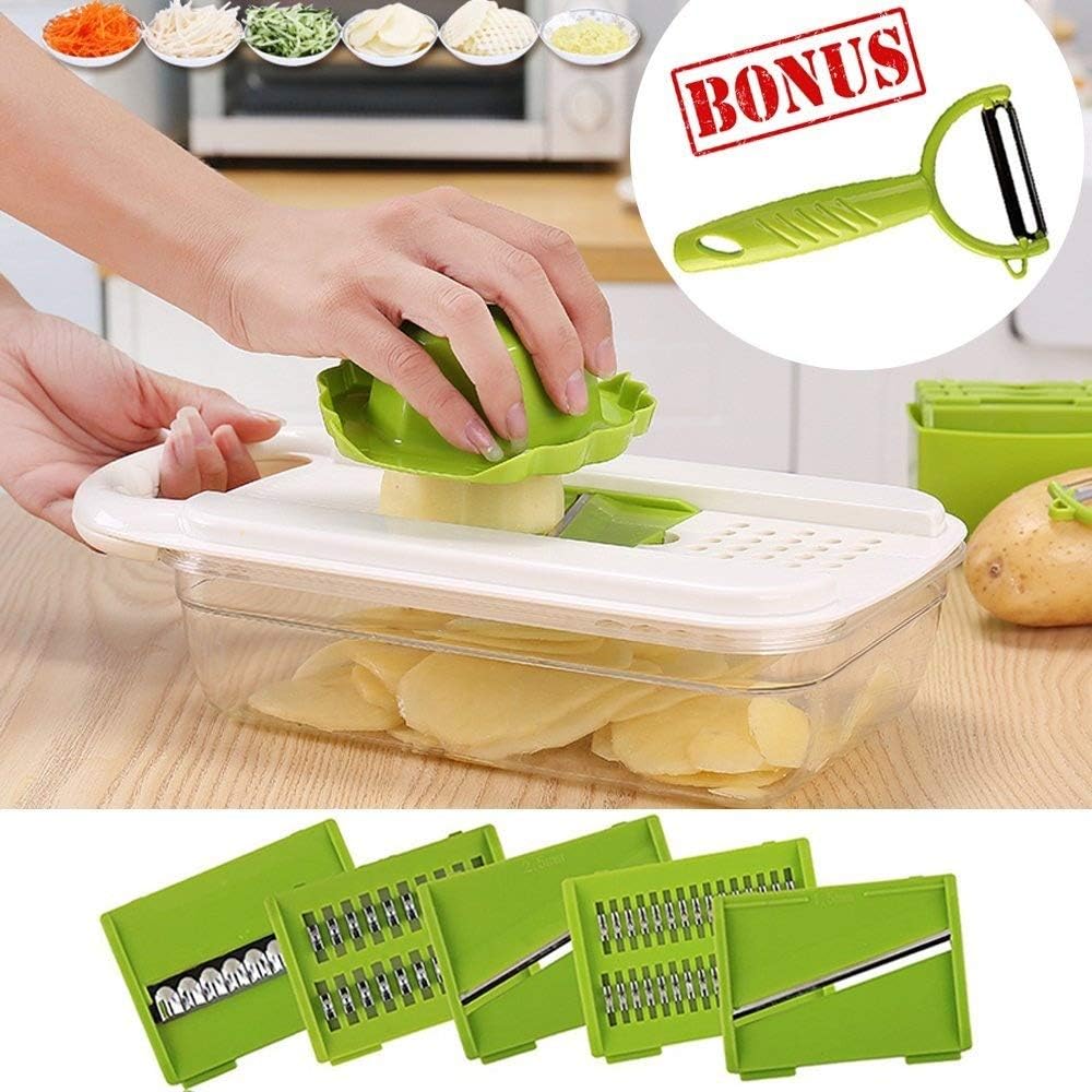 OMAGAX Adjustable Mandoline Slicer Vegetable Slicer Cutter Vegetable Julienne Peeler Potato Grater Dicer Fruit Food Slicer & 5 Stainless Steel Blade Storage Container for Tomato Onion Cucumber Cheese